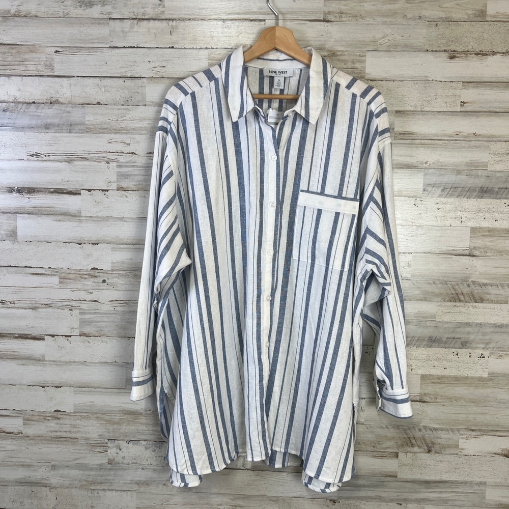 NWT Nine West Shirt Women 1X Relaxed Button Down Linen Stripe Beachy Nautical